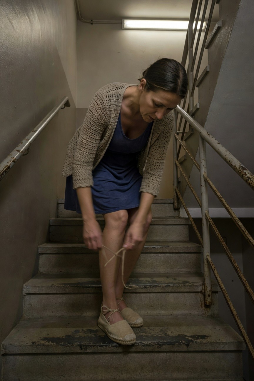 Woman in blue knit dress, tan crocheted cardigan, and beige lace-up espadrilles, bending to tie her shoe on concrete stairs