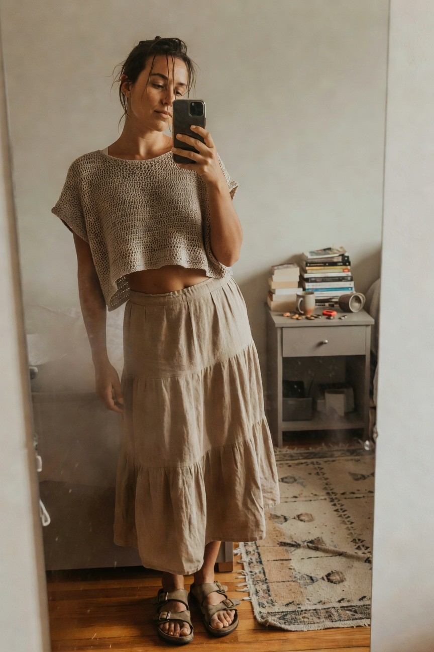 Woman taking a mirror selfie in a cropped open-knit beige top showing midriff, high-waisted tiered beige linen midi skirt, and flat strappy sandals, standing in a bedroom with books and rug in background