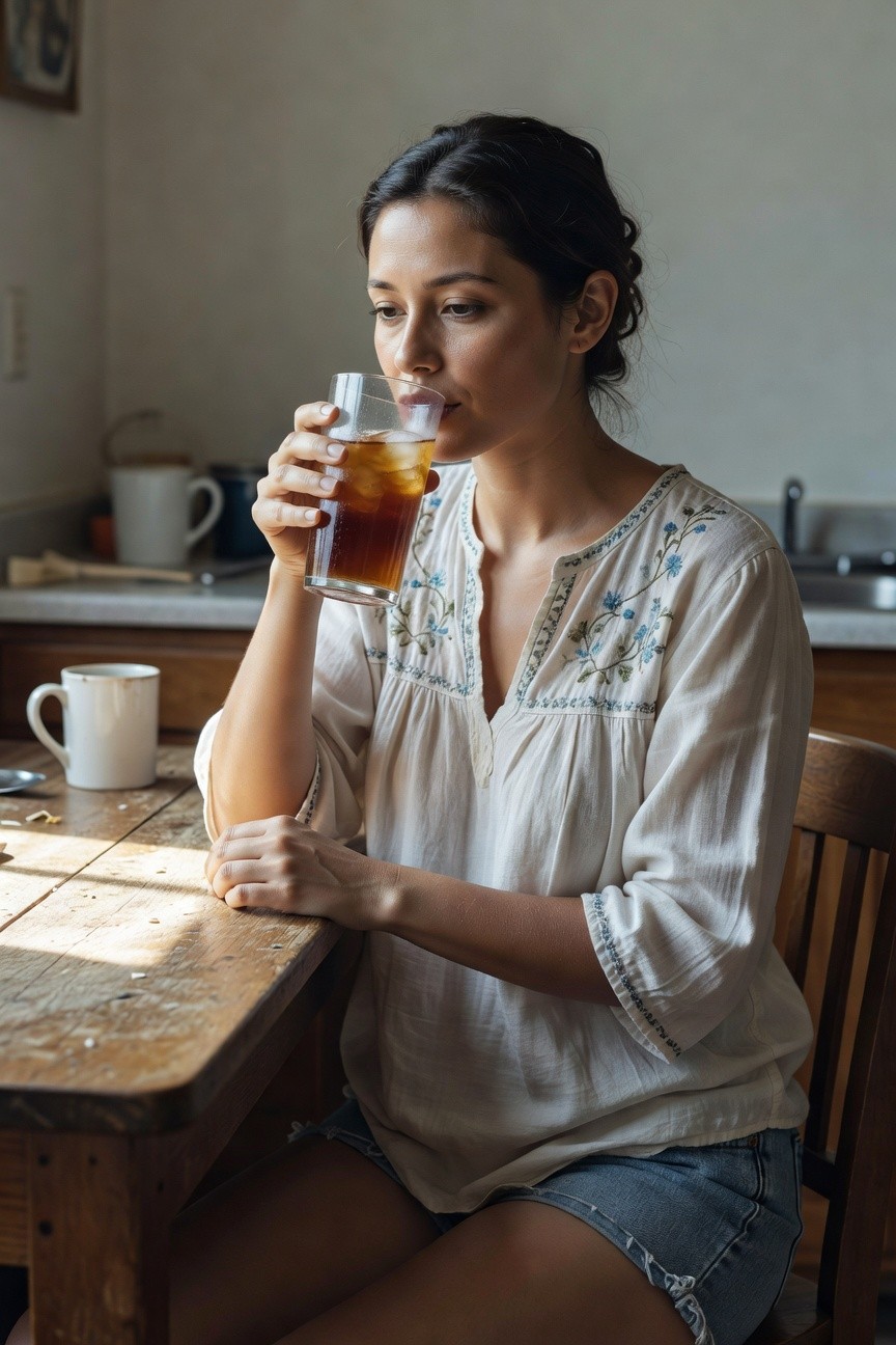 Woman with dark hair in a loose white embroidered blouse and frayed blue denim shorts, holding a glass of iced tea while seated at a wooden kitchen table