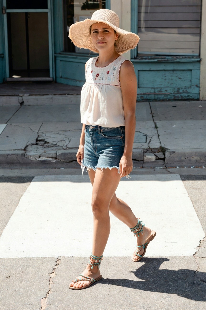 Woman walking in crosswalk wearing wide-brim beige straw hat, white sleeveless embroidered tank top with floral details, mid-length frayed blue denim shorts, and tan strappy sandals with turquoise beaded ankle wraps, urban sidewalk background