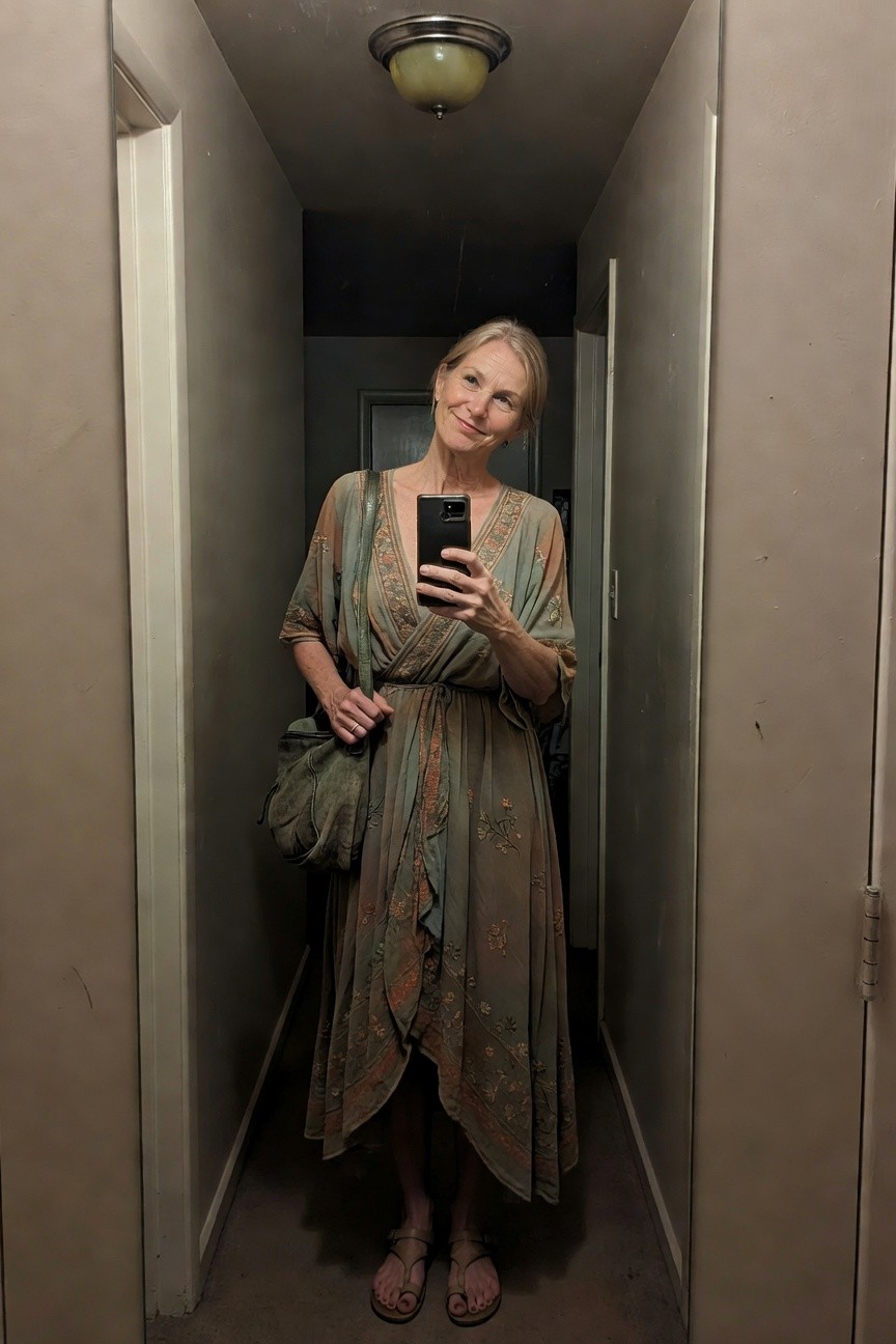 Mature blonde woman in a flowy teal-green embroidered maxi dress with belted waist, sheer sleeves, olive green leather shoulder bag, tan strap sandals, taking a selfie in a narrow beige hallway under overhead light