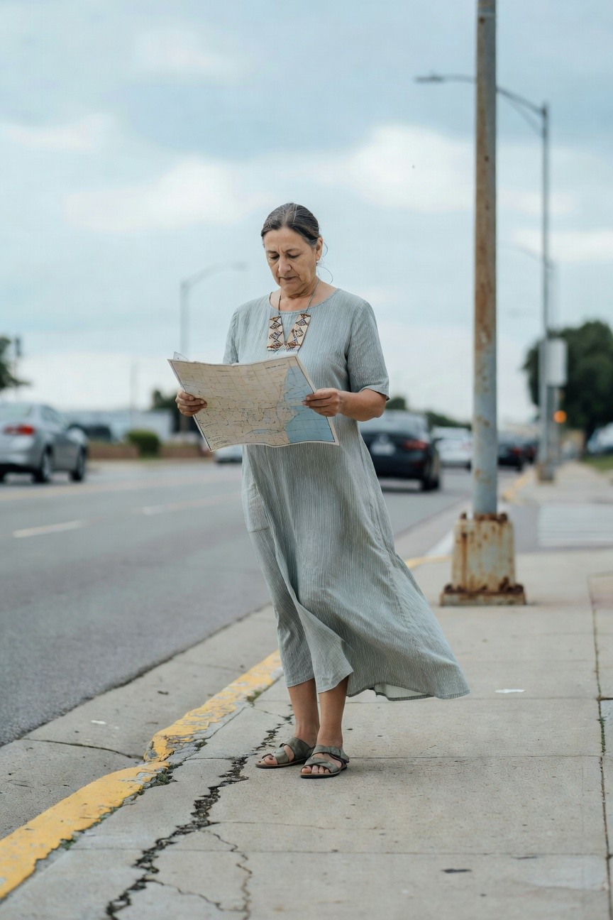 Older woman standing on sidewalk holding a map, wearing a flowy light gray linen midi dress with short sleeves, turquoise beaded necklace, hoop earrings, and flat sandals