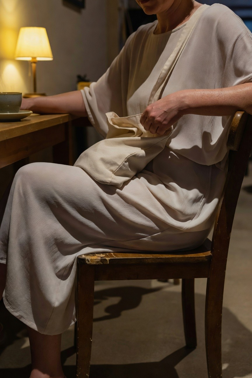 Woman seated at wooden table in a loose white gauze maxi dress with wide sleeves and a beige canvas tote bag over one arm, holding a green mug nearby