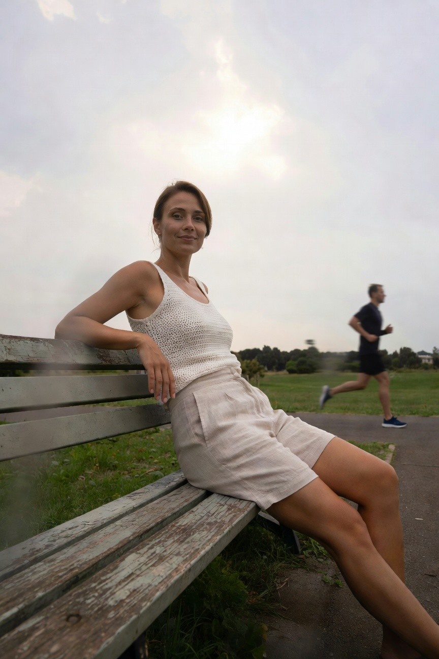 Woman sitting sideways on a green park bench wearing a white crocheted sleeveless tank top and high-waisted beige linen shorts with pleats, legs extended casually, hand resting on bench arm