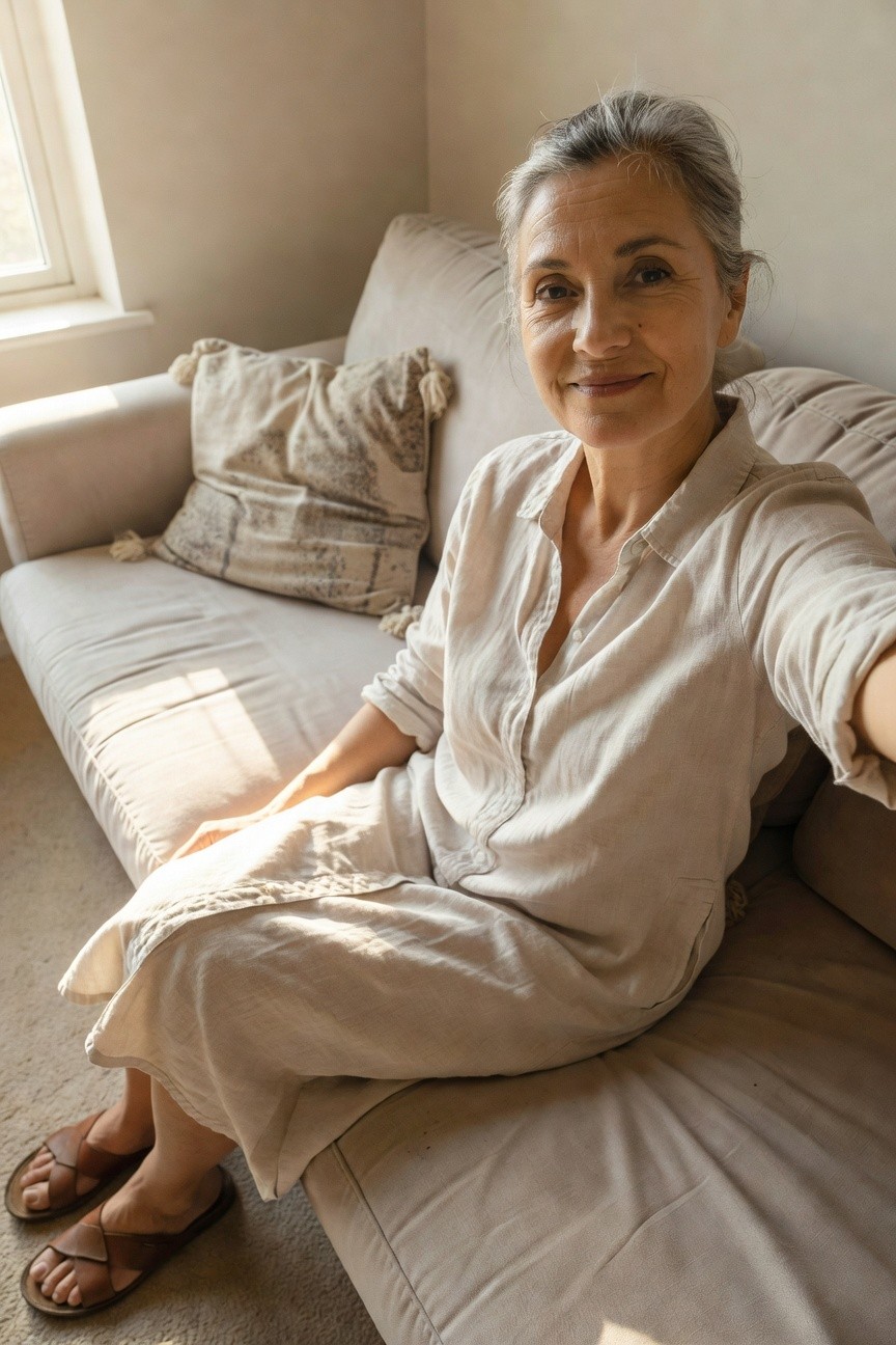 Silver-haired woman over 50 in a loose cream linen button-front shirt dress with rolled sleeves and brown leather cross-strap sandals, seated casually on a beige sofa taking a selfie