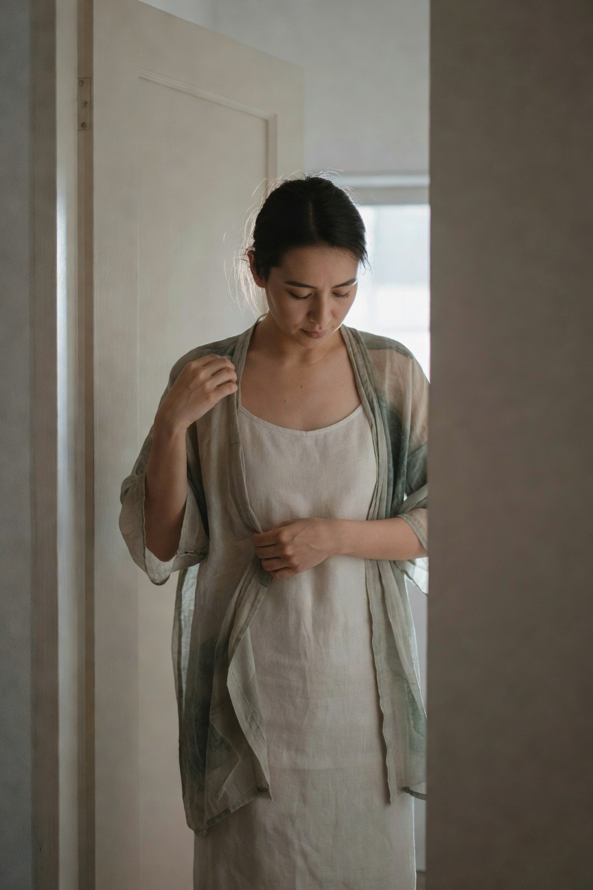 Woman in off-white linen slip dress layered with open pale green sheer wrap cardigan with subtle faded patterns, hands holding the wrap closed, soft indoor lighting