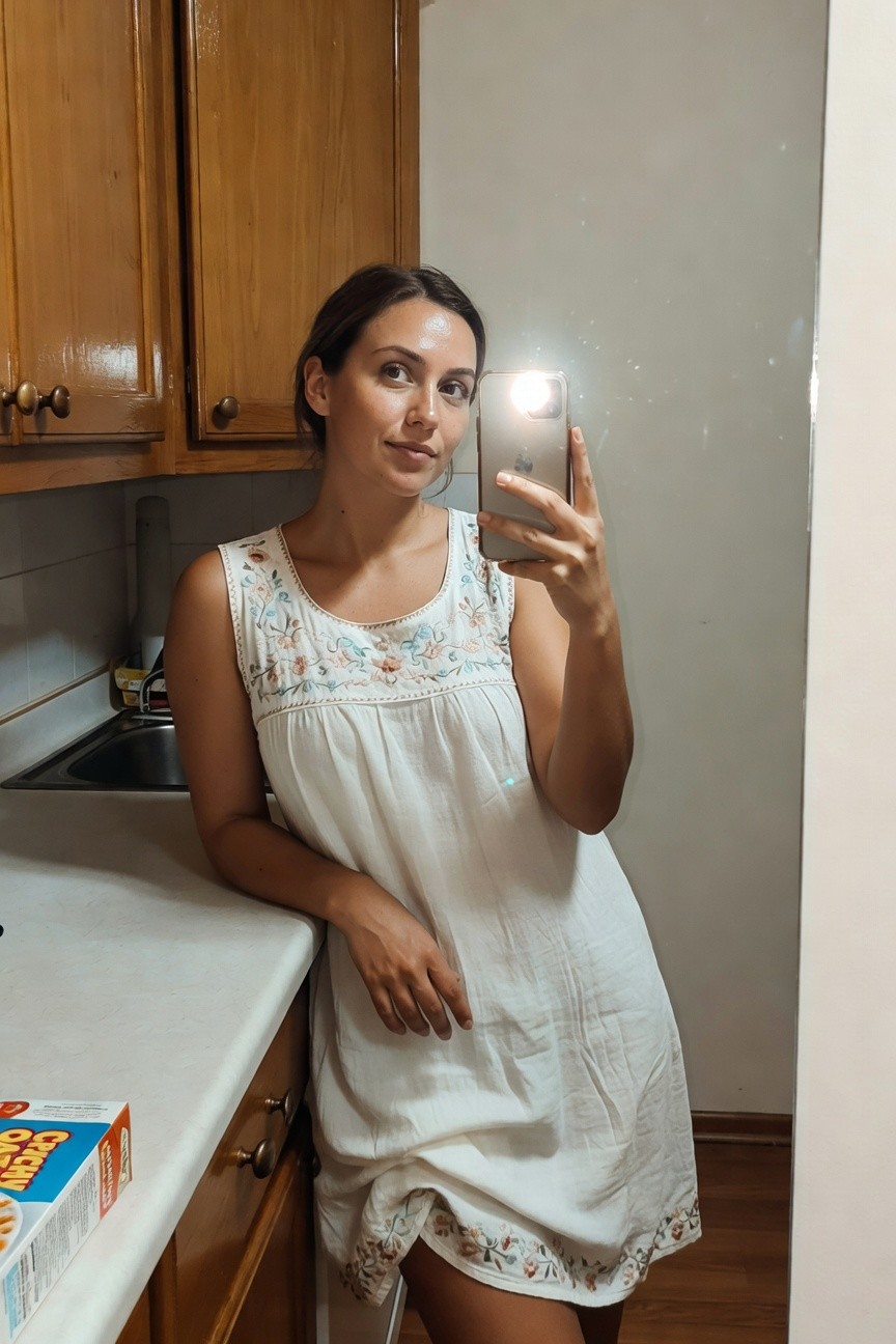 Woman taking a selfie in a kitchen, wearing a loose white sleeveless tank dress with pastel floral embroidery on straps, neckline, and hem, leaning casually on white countertop near wooden cabinets and cereal box