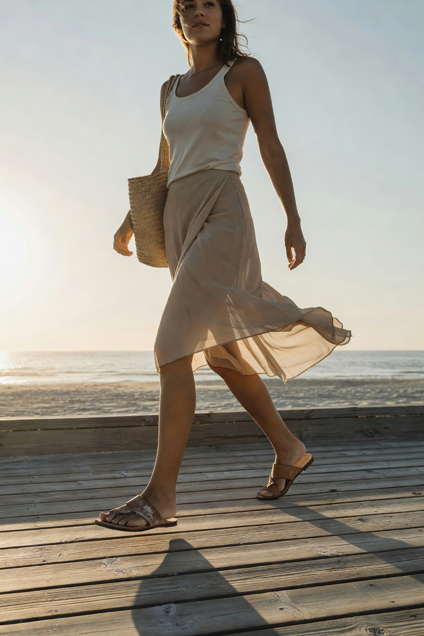 Woman walking on wooden pier in white sleeveless tank top, sheer beige flowing wrap skirt, straw tote bag over shoulder, and brown leather strappy flat sandals, side profile view