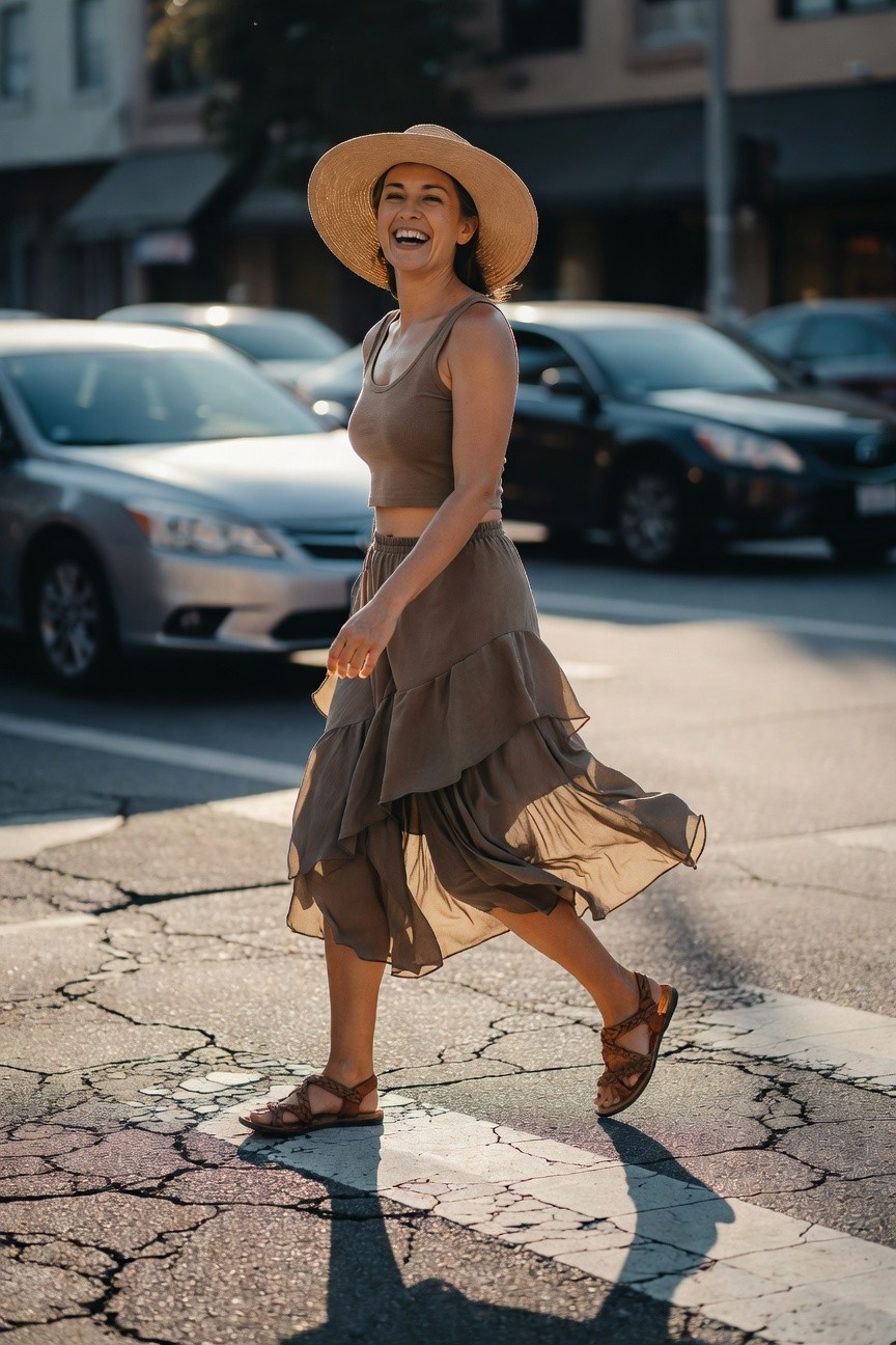 Woman smiling while walking across crosswalk in beige cropped tank top, high-waisted tiered chiffon skirt, wide-brim straw hat, and brown braided sandals, skirt layers flowing slightly