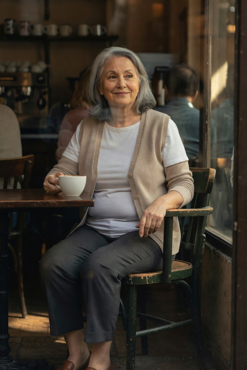 Silver-haired older woman in open beige knit cardigan over white t-shirt, gray trousers, and brown loafers, seated at wooden table holding white mug of coffee