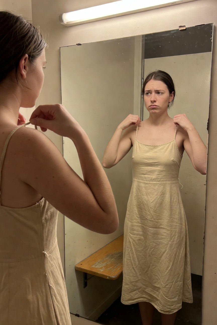 Young woman with brown hair standing sideways in a bathroom mirror, wearing a light beige linen spaghetti-strap slip dress, adjusting the straps with a concerned expression, wooden bench and fluorescent light in background