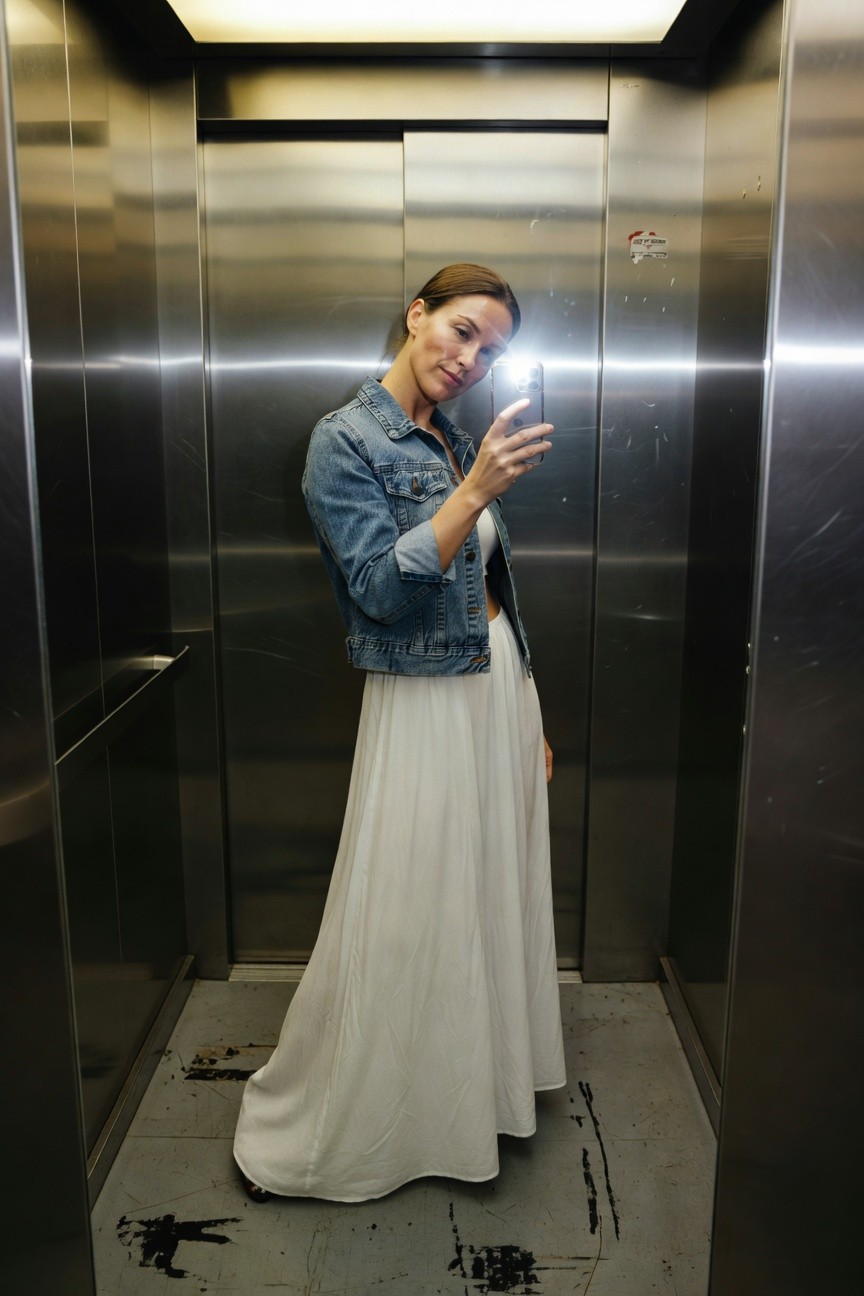 Woman taking a mirror selfie in a steel elevator, wearing an open light blue denim jacket over a white tank top, paired with a long flowing white maxi skirt and tan strappy sandals, arms relaxed with phone in hand
