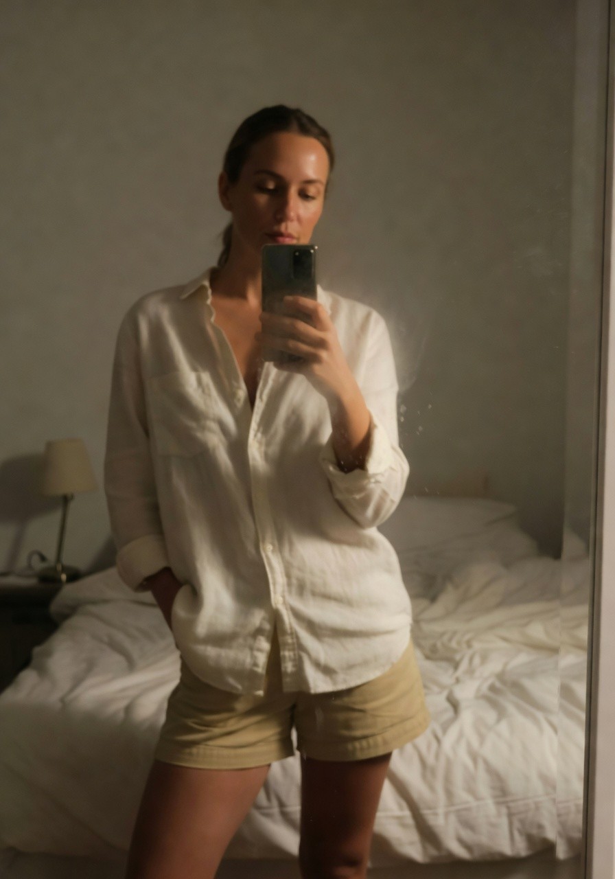Woman in a white linen button-up shirt with rolled sleeves and open collar paired with beige tailored shorts, taking a mirror selfie in a softly lit bedroom