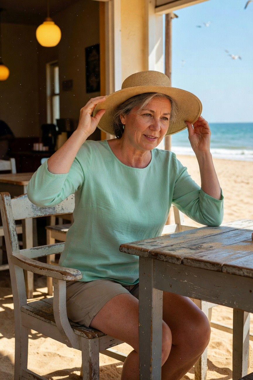Mature woman in seafoam green long-sleeve blouse, beige khaki shorts, and wide-brim straw hat, seated at wooden beachside cafe table, hands adjusting hat brim