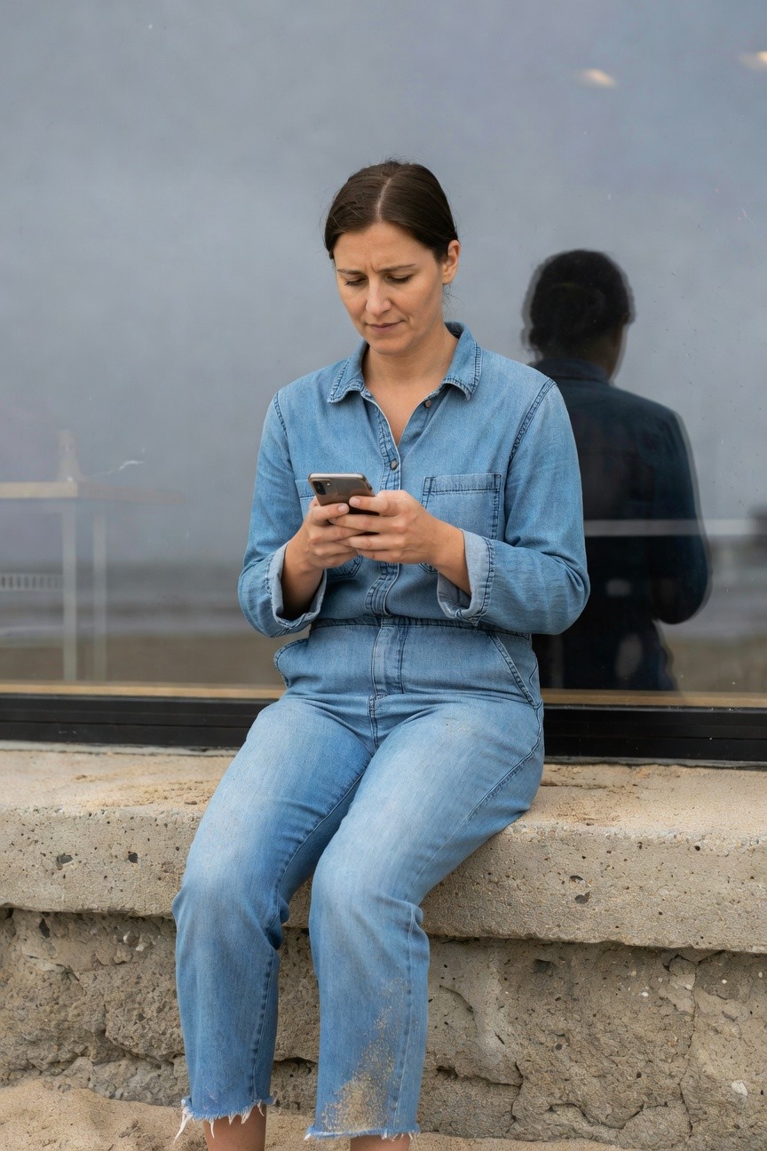 Woman in light wash blue denim jumpsuit with button front, rolled sleeves, and frayed ankle hems, sitting on concrete ledge while holding phone, reflection visible in large window behind