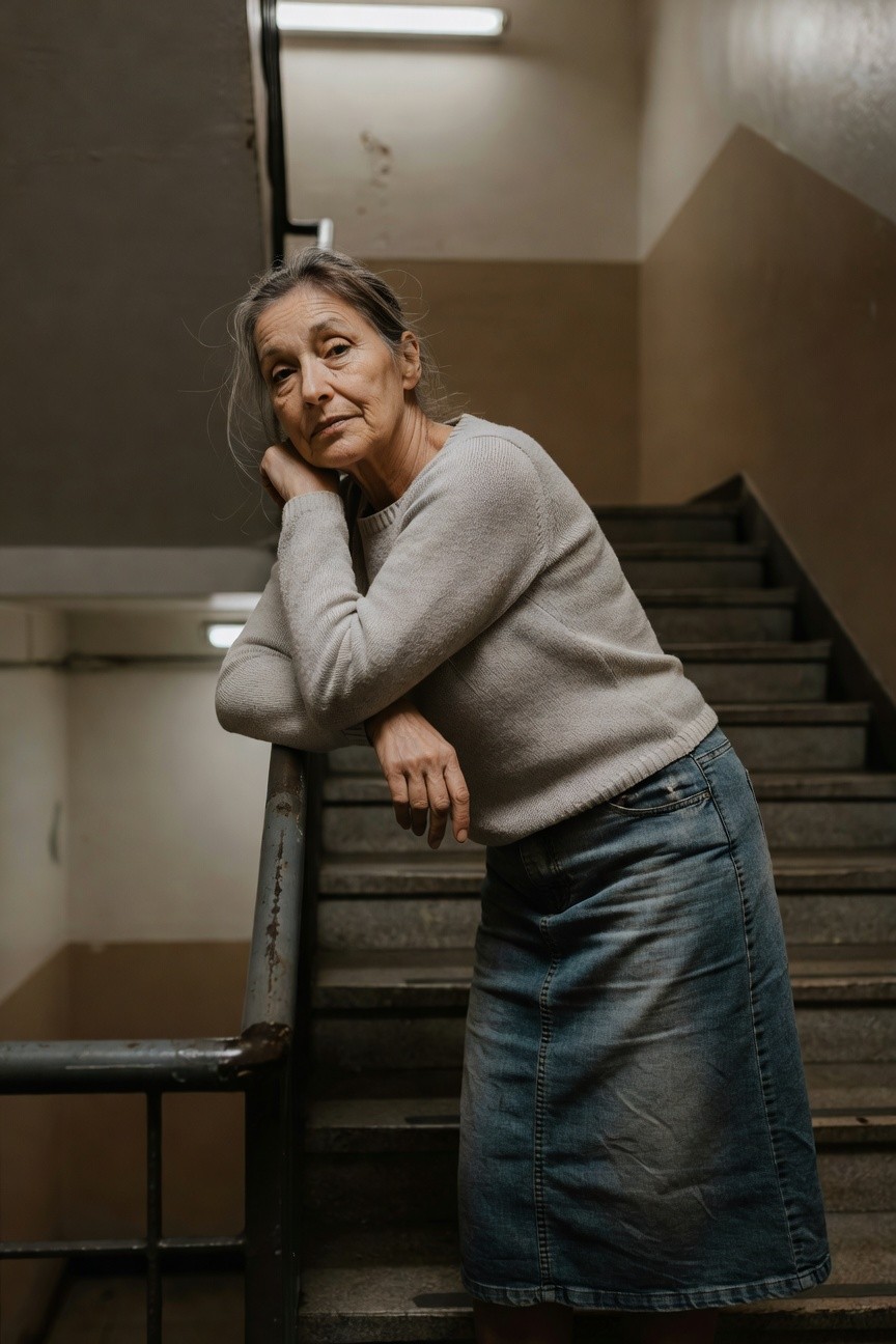 Mature woman with gray hair leaning against a metal stair railing, wearing a light gray long-sleeve knit sweater and a faded blue denim skirt, indoor concrete stairwell setting
