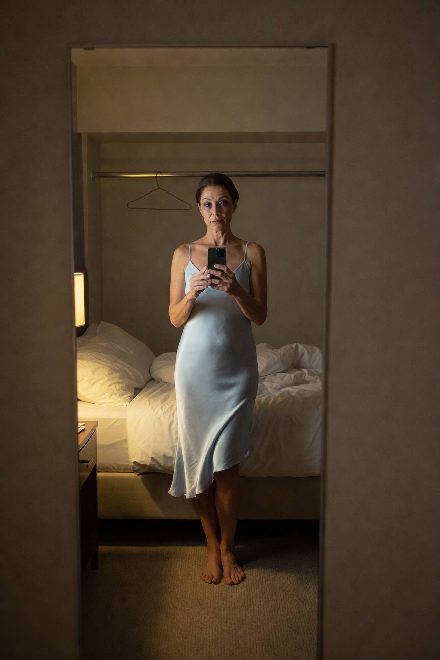 Woman in pale blue satin spaghetti-strap slip dress standing barefoot in front of open wardrobe mirror, holding phone while looking surprised, with bed and lamp in background