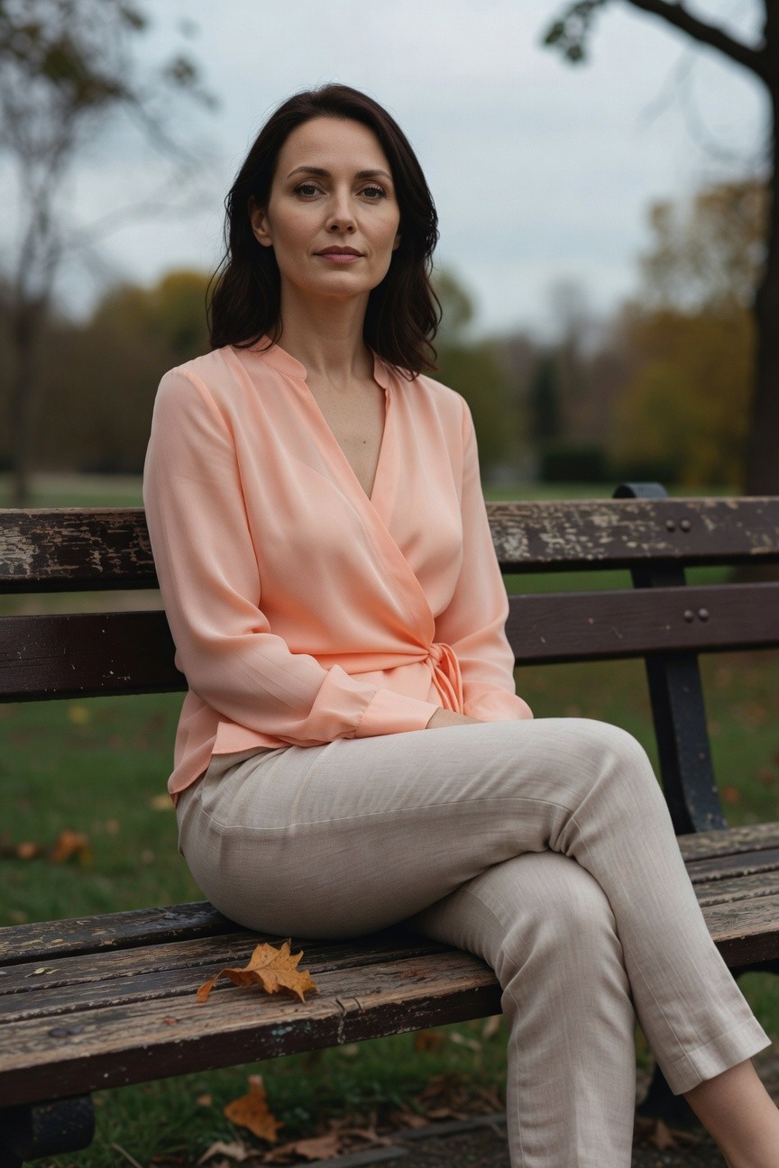 Woman seated sideways on a wooden bench in a long-sleeved peach wrap blouse tied at the waist and high-waisted beige linen pants with subtle stripes, legs crossed casually