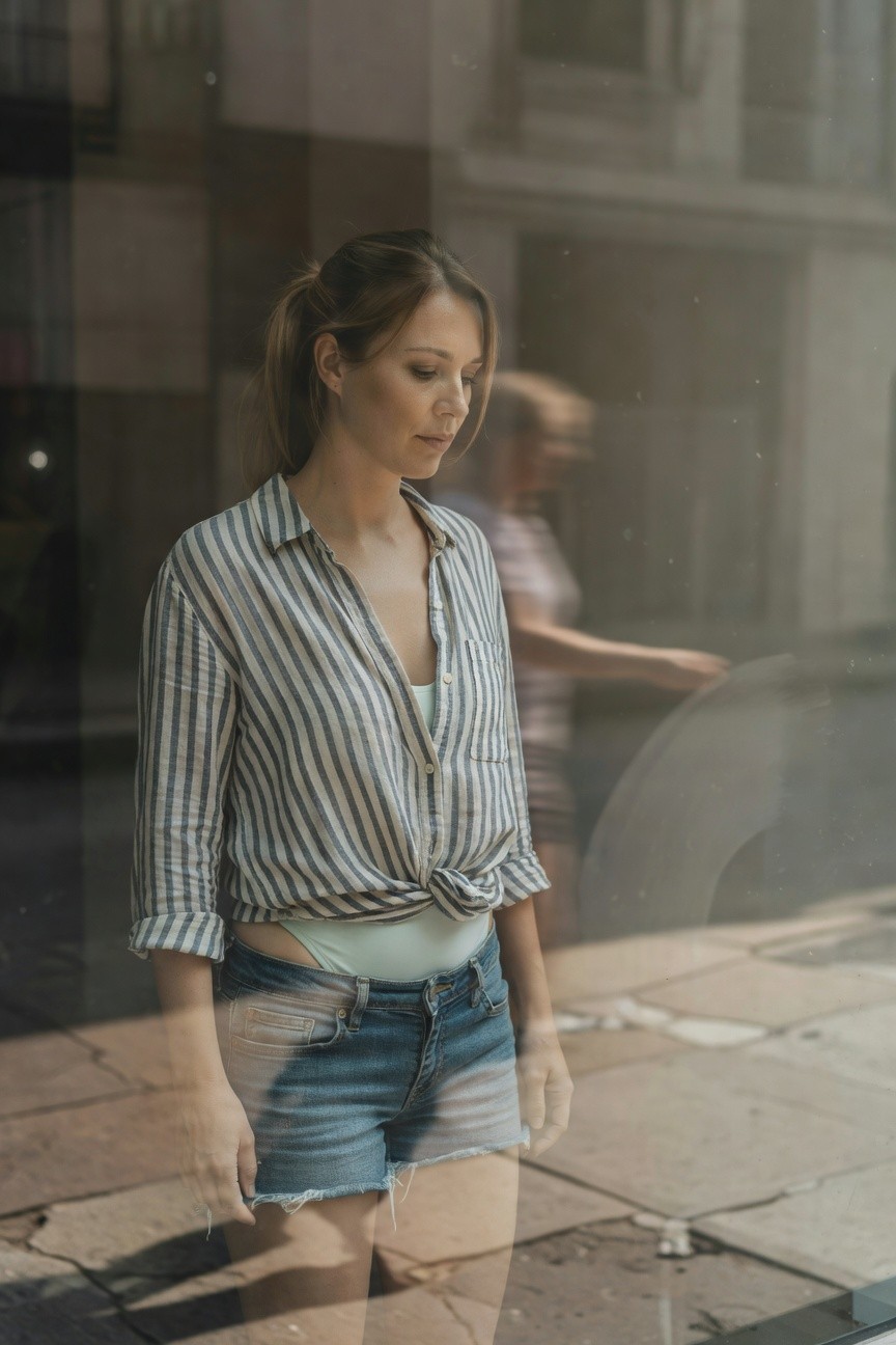 Woman in open light blue and white striped linen shirt tied at waist over mint green bikini top with mid-thigh cutoff blue denim shorts, standing pensively by a window
