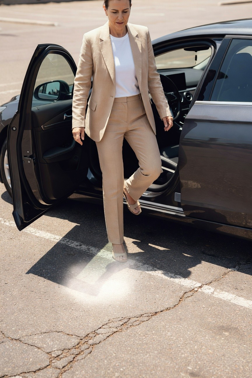Woman in light beige tailored blazer and matching straight-leg pants over white t-shirt, stepping out of driver's side door of gray sedan in parking lot, wearing nude low-heel sandals, one foot on pavement