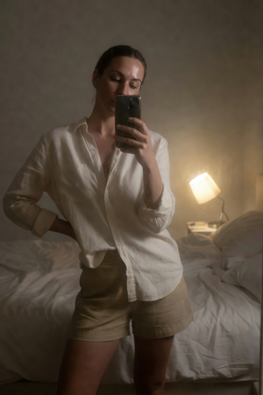 Woman in a white linen button-up shirt with rolled sleeves and open collar paired with beige tailored shorts, taking a mirror selfie in a softly lit bedroom