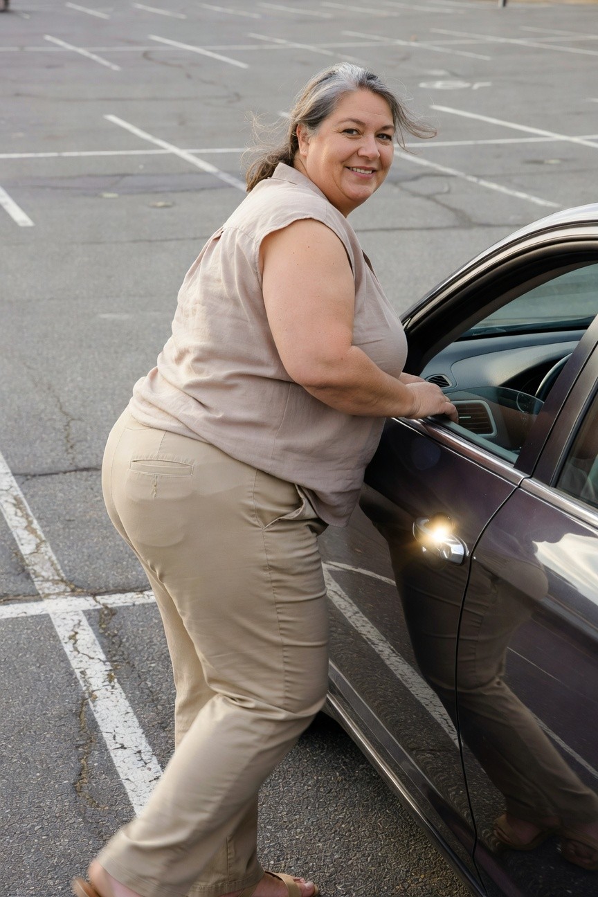 Plus-size woman with graying hair smiling over her shoulder while leaning into the open door of a dark sedan in a parking lot, wearing a beige sleeveless blouse tucked into high-waisted khaki trousers and flat sandals