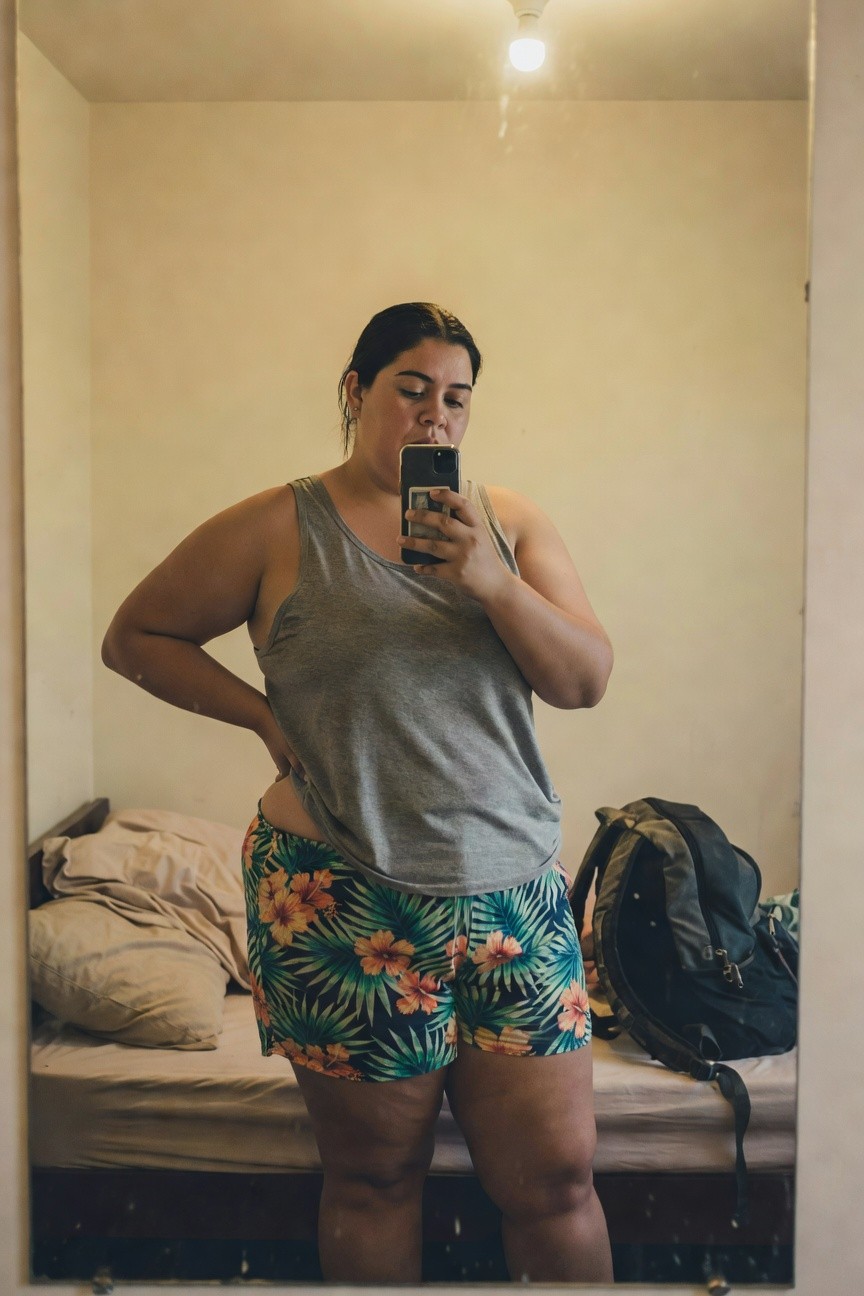Plus-size woman taking a mirror selfie in a gray racerback tank top and colorful hibiscus floral print shorts with hands on hips, standing confidently in a simple bedroom with bed and backpack in background