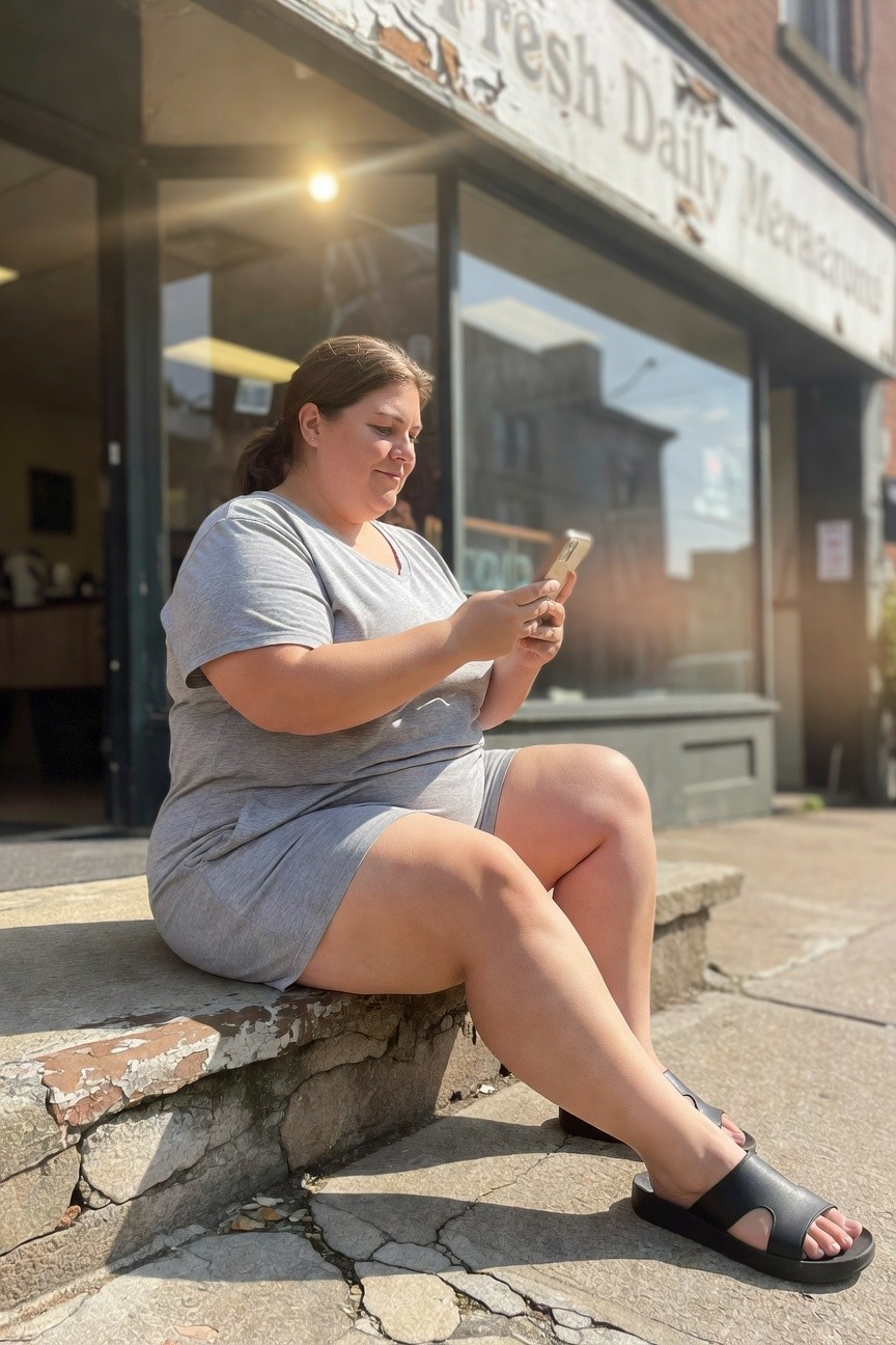Plus-size woman in gray short-sleeve top and matching shorts lounge set, black open-toe sandals, sitting on stone steps while holding a smartphone