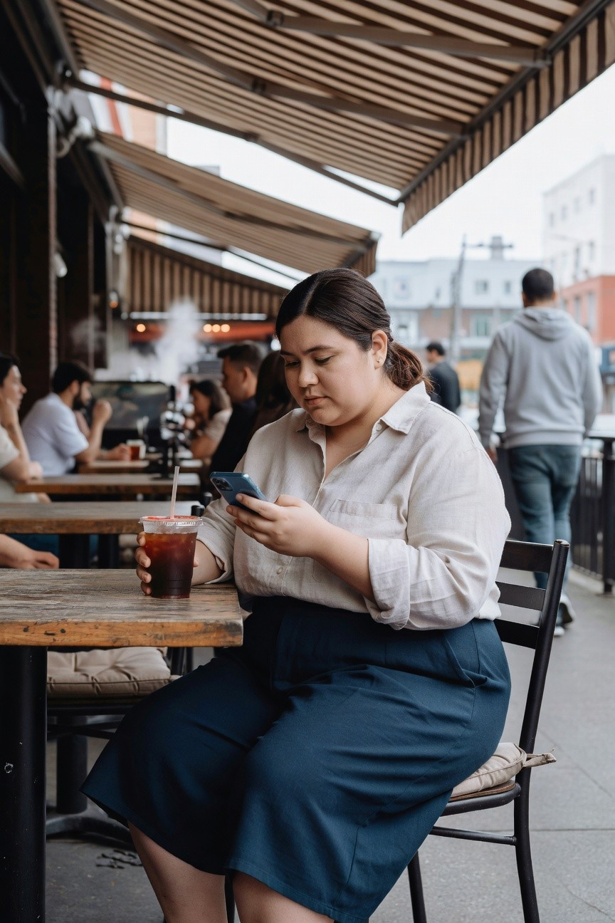 Plus-size woman sitting at a wooden café table in a cream long-sleeve button-up blouse tucked into a navy midi skirt, holding an iced coffee and phone, white flat shoes visible, casual summer outfit.