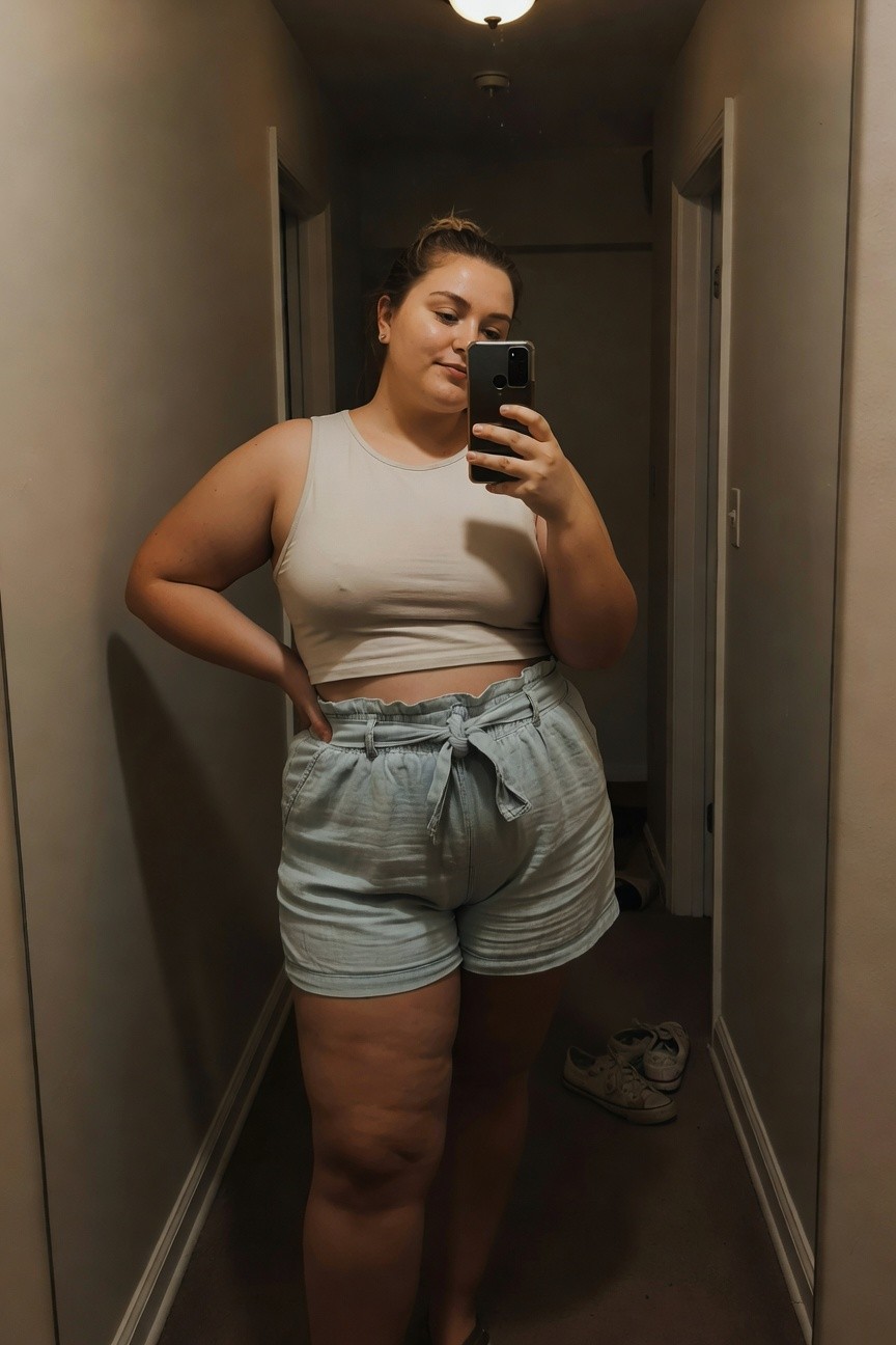 Plus-size woman taking a mirror selfie in a narrow hallway, wearing a cream-colored cropped sleeveless tank top and high-waisted light blue ruffled tie-waist shorts, hands on hips, smiling at phone, white sneakers on floor nearby