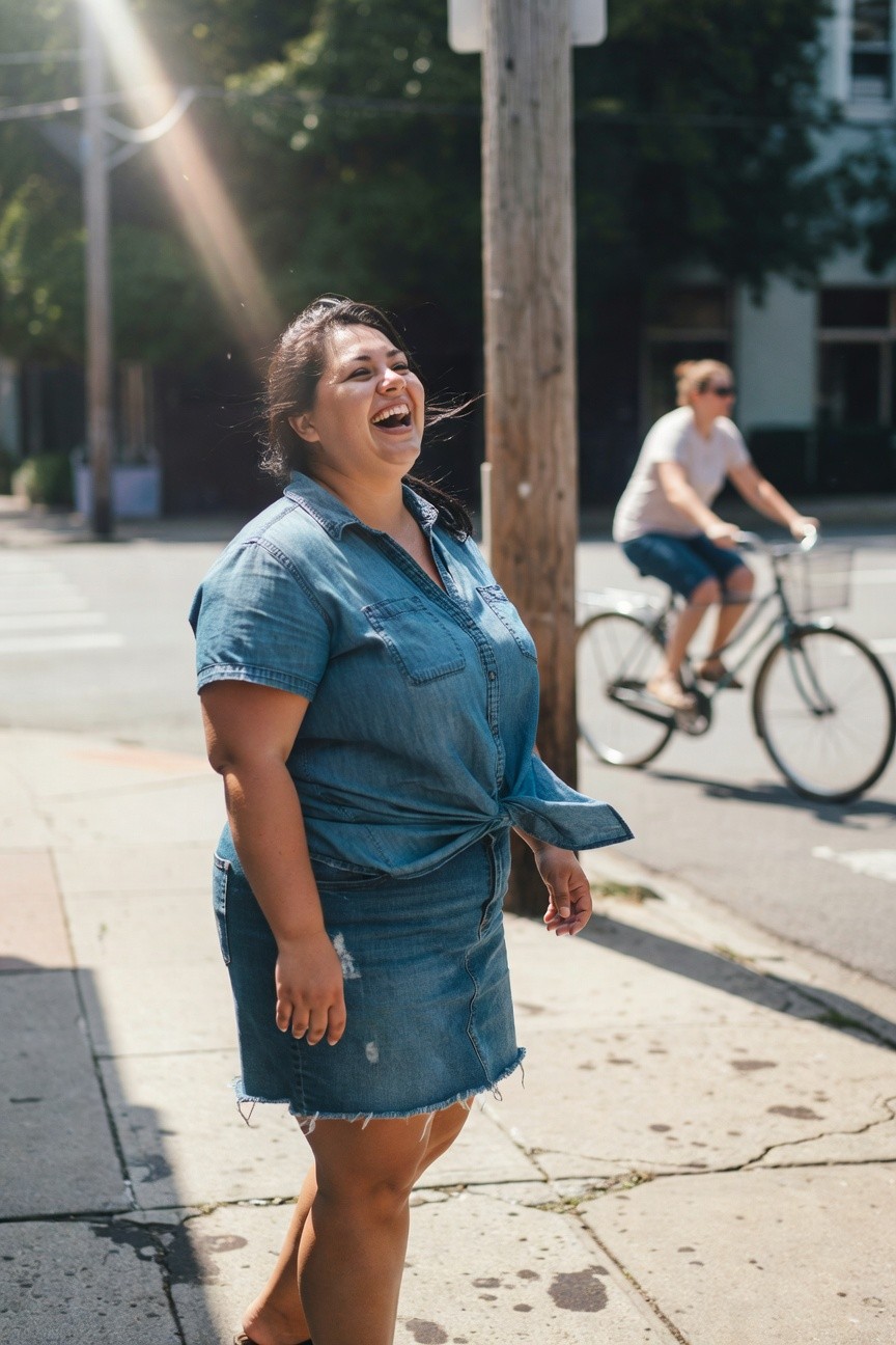 Plus-size woman laughing in a tied blue denim short-sleeve shirt over a distressed denim mini skirt and flip-flop sandals, standing on a sidewalk