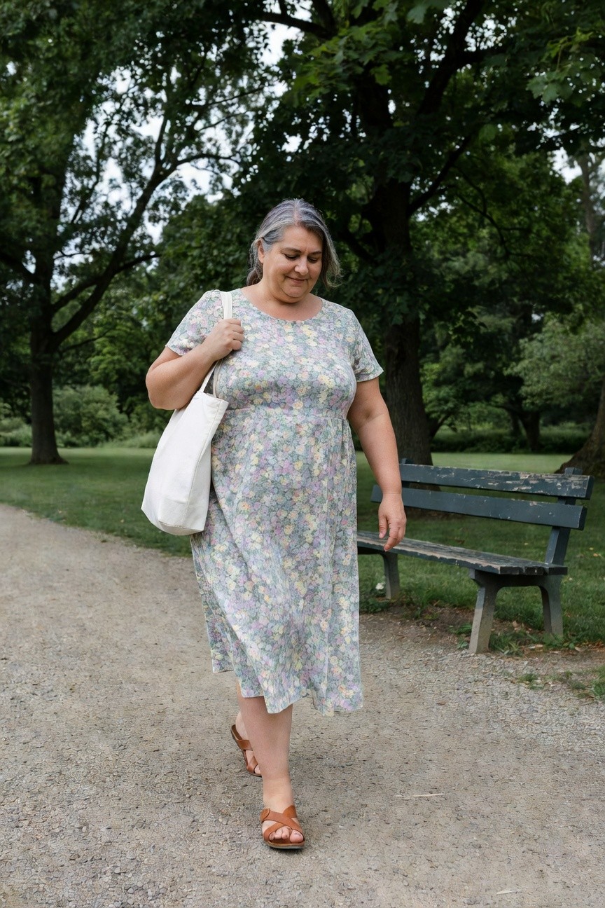 Plus-size woman walking in a light gray-blue floral print midi dress with short sleeves, holding a white canvas tote bag, wearing tan cross-strap flat sandals, casual summer outfit on a path