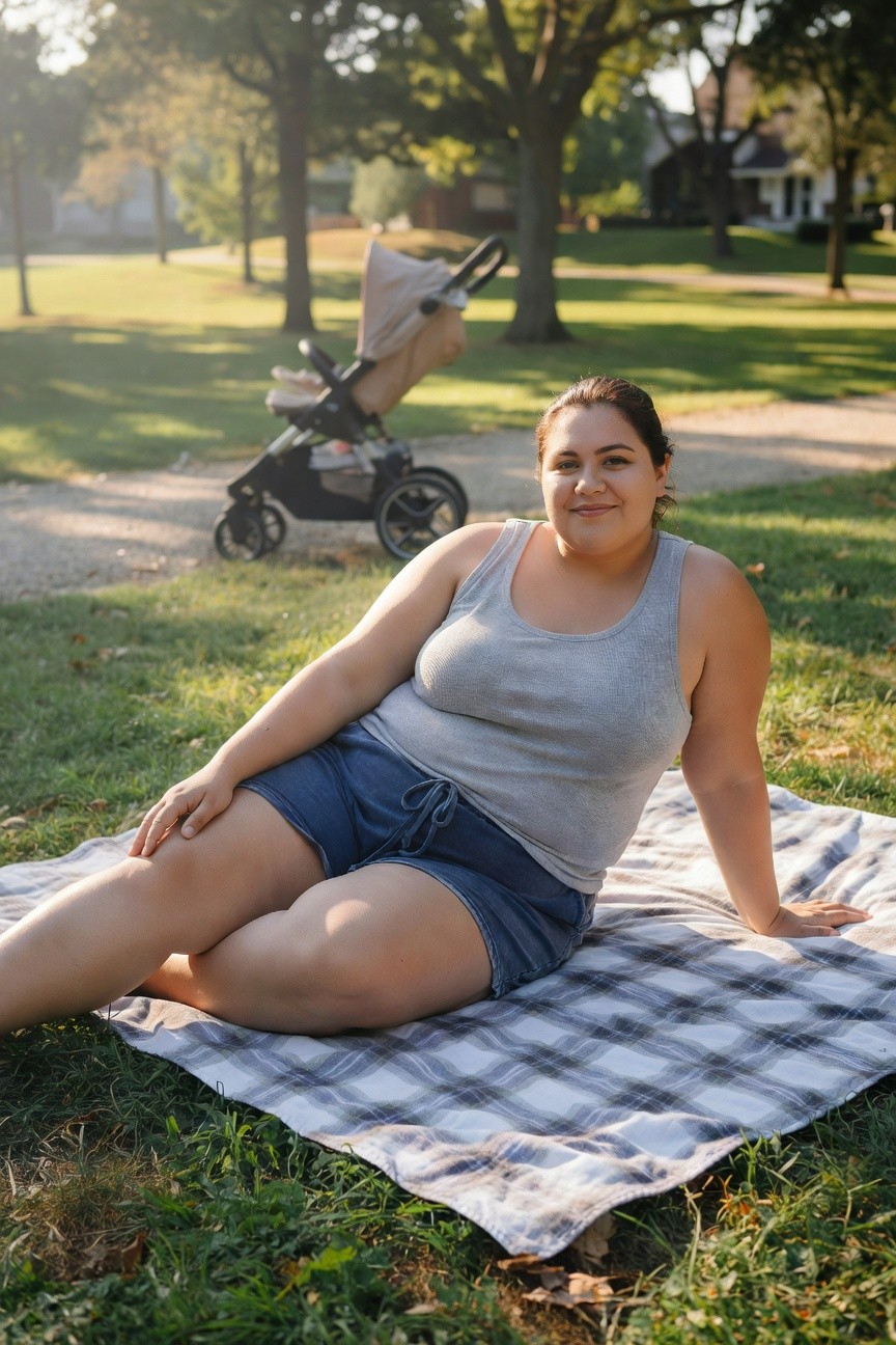 Plus-size woman lounging on a picnic blanket in a gray ribbed tank top and navy drawstring shorts, smiling at the camera with a stroller nearby