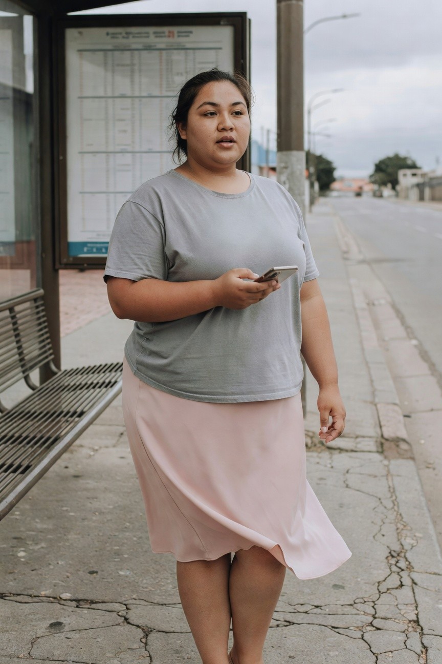 Plus-size woman in loose grey short-sleeved t-shirt and flowy pink midi skirt standing near a bus stop bench, holding a phone, casual summer outfit