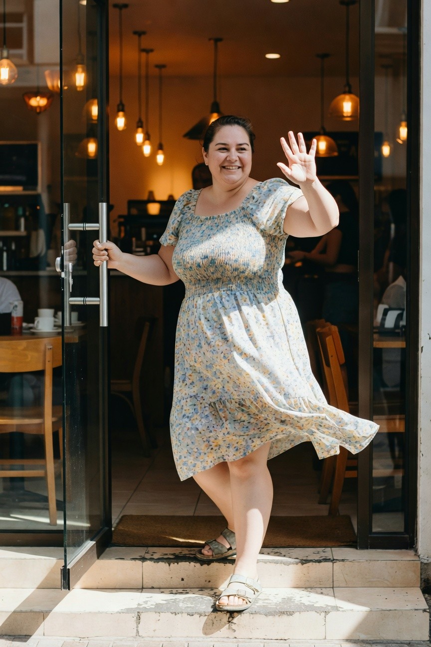 Plus-size woman in a light blue and white floral smocked midi dress with short sleeves, holding open a cafe door and waving, wearing tan strappy flat sandals, casual summer outfit