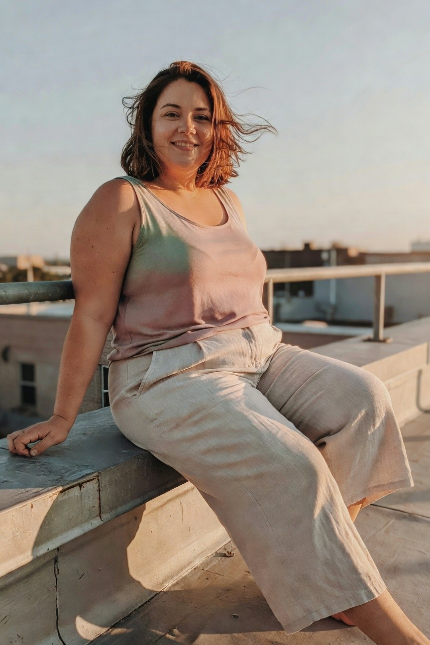 Plus-size woman with shoulder-length wavy brown hair smiling while seated on a concrete ledge, wearing a sleeveless gradient tank top from teal to pink and high-waisted beige linen wide-leg pants, one hand resting on the ledge, bracelet on wrist, barefoot