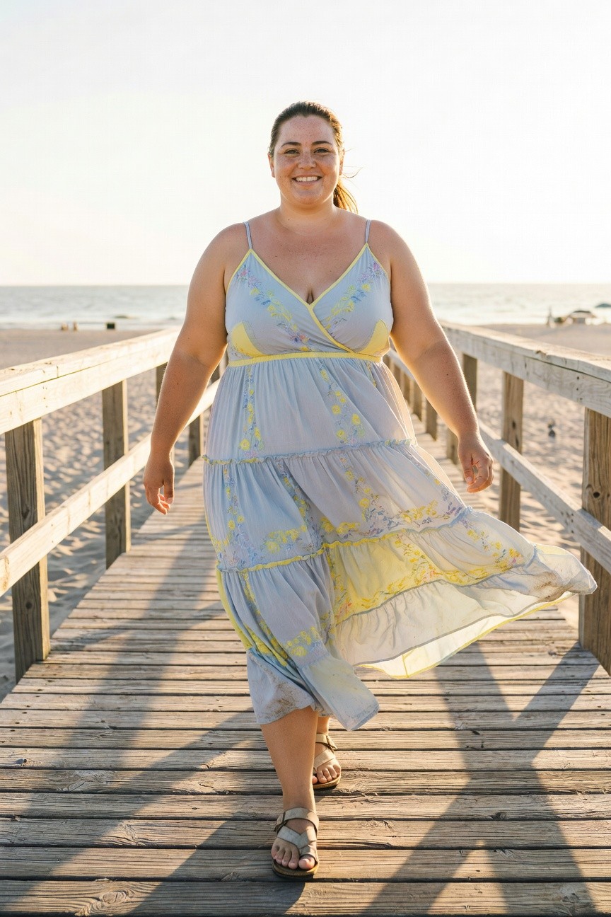 Plus-size woman walking on wooden pier wearing a flowy tiered spaghetti-strap dress in light blue with yellow accents and floral embroidery, paired with tan strappy flat sandals, smiling at camera