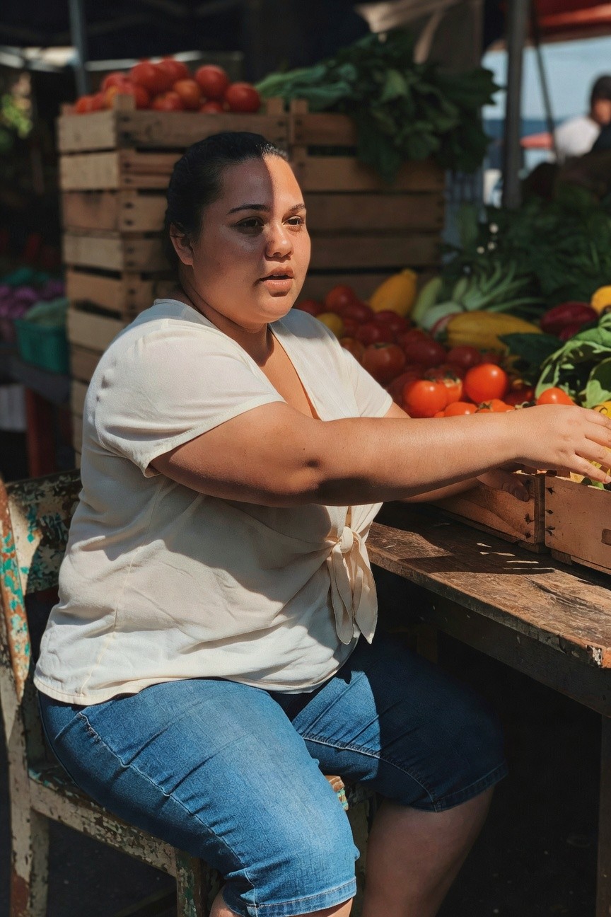 Plus-size woman at a market stall wearing a cream wrap-style short-sleeve blouse and blue denim capri shorts, reaching for produce from a wooden crate.