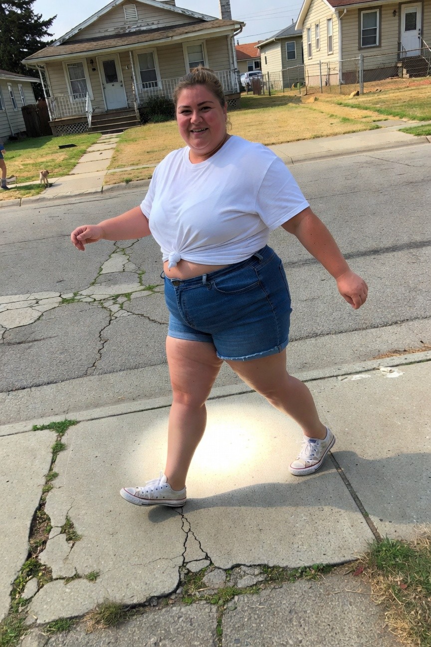Plus-size woman walking on sidewalk wearing oversized white cotton t-shirt tied in a crop knot at waist, high-waisted frayed blue denim shorts, and white Converse sneakers, smiling at camera