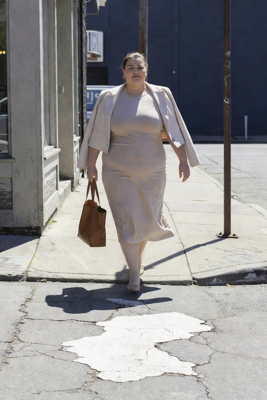Plus-size woman walking in a flowy beige midi dress with matching blazer, tan leather tote bag in hand, and nude heels on a city sidewalk