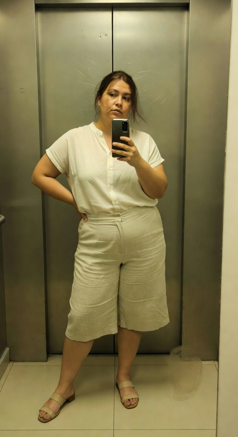 Plus-size woman taking a selfie in an elevator, wearing a loose white striped linen short-sleeve blouse, matching high-waisted wide-leg white linen cropped pants, tan strappy flat sandals, hands on hips and smiling at the camera