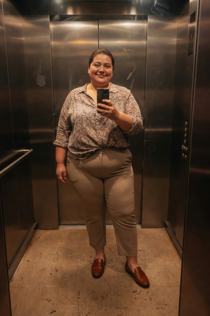 Plus-size woman smiling in elevator selfie wearing a flowy beige-toned floral print blouse knotted at front, high-waisted beige trousers, and brown leather loafers for casual office look