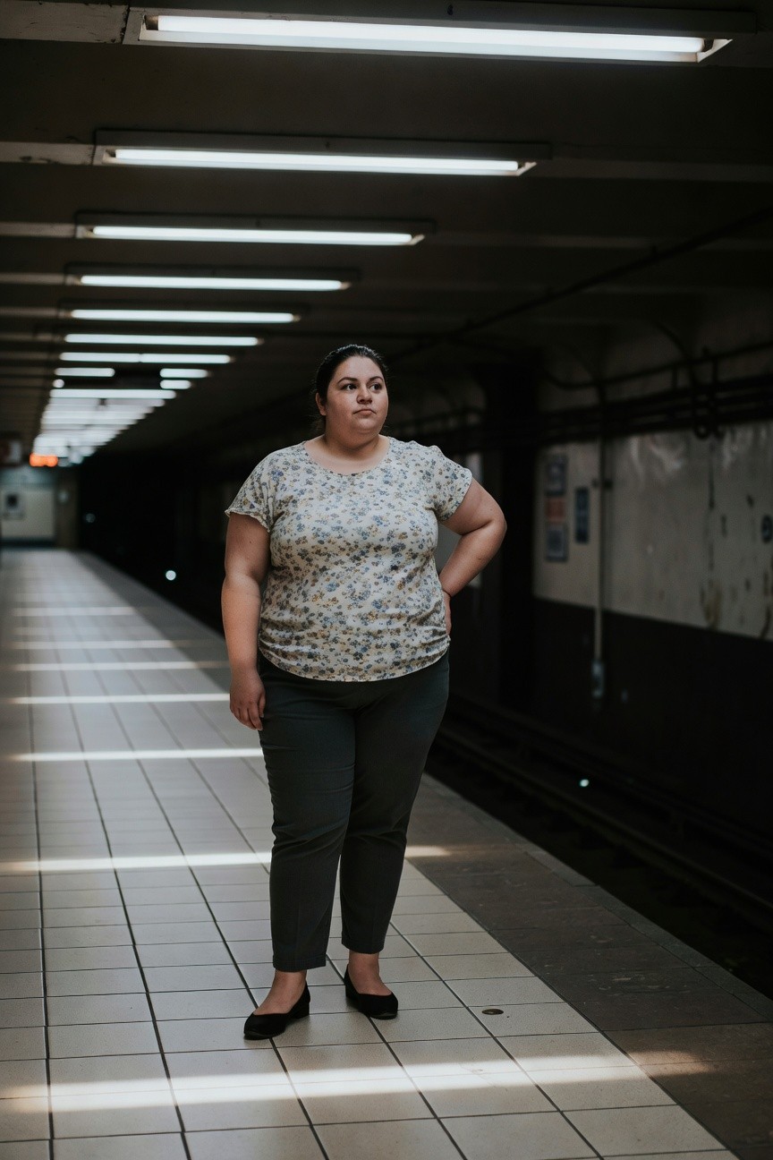 Plus-size woman in a casual office outfit featuring a short-sleeve floral print blouse in off-white with small multicolored flowers, gray ankle-length trousers, and black ballet flats, standing with hands on hips on a tiled platform under fluorescent lights