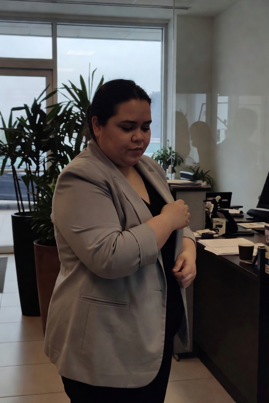 Plus-size woman in a modern office wearing an open light gray loose-fit blazer over a black deep V-neck top and black pants, adjusting her sleeve near a desk with plants in the background