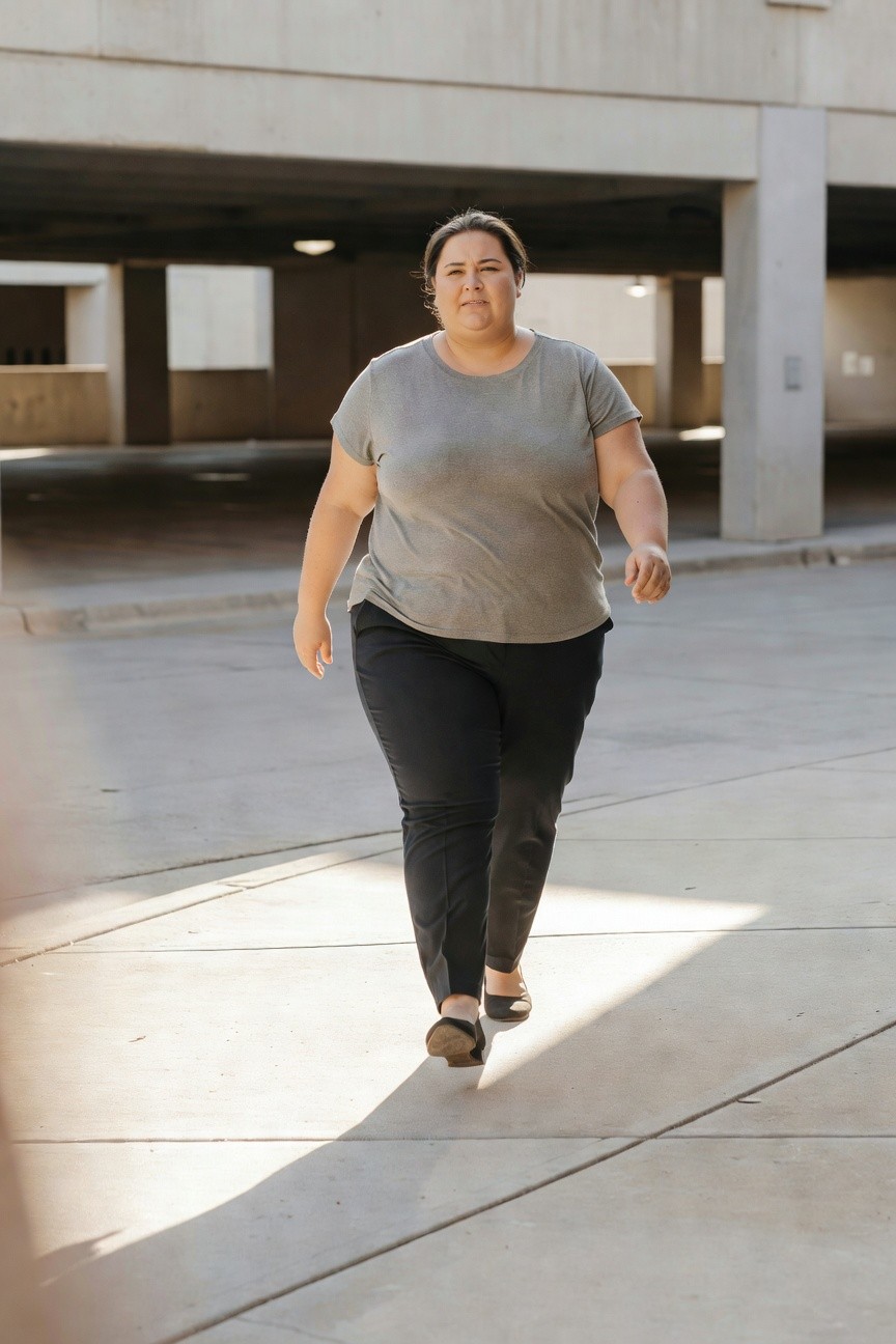 Plus-size woman in casual gray short-sleeve t-shirt, slim black ankle pants, and black low-heel flats, walking in a concrete parking structure
