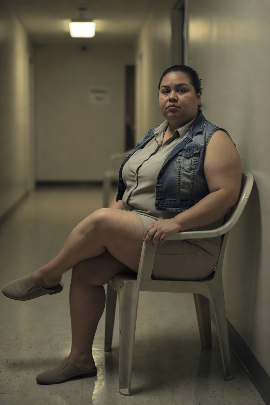 Plus-size woman seated casually in a beige sleeveless khaki short dress layered with an open frayed denim vest, wearing tan suede slip-on shoes, neutral office-ready styling