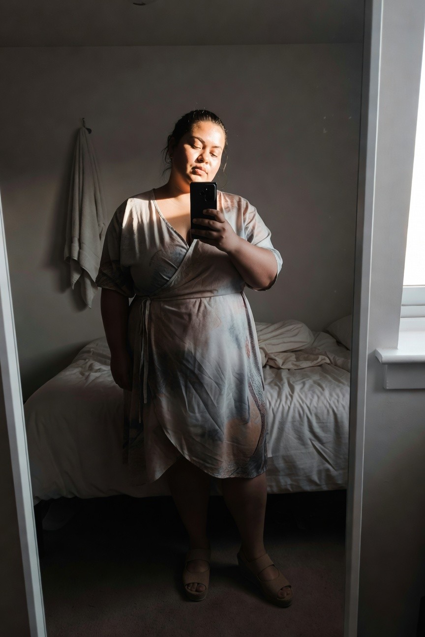 Plus-size woman in a mirror selfie wearing a shimmery pastel wrap dress with gray-to-pink abstract pattern, deep V-neckline, short sleeves, belt tie at waist, paired with tan strappy wedge sandals, standing in a bedroom.