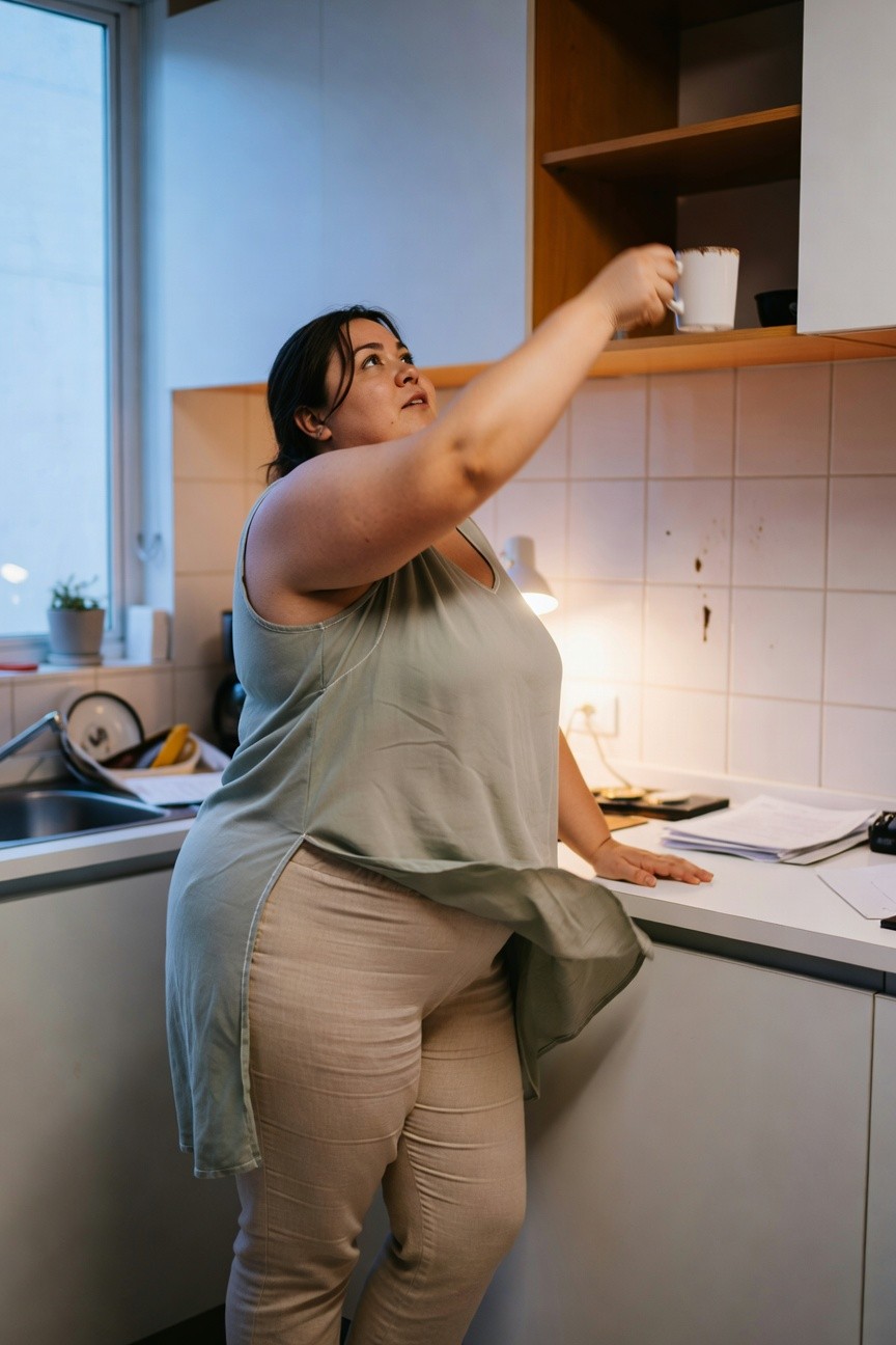 Plus-size woman wearing a flowy sage green sleeveless tank top with side drape and wide-leg beige trousers, reaching for a mug from kitchen cabinet, embodying casual summer office style