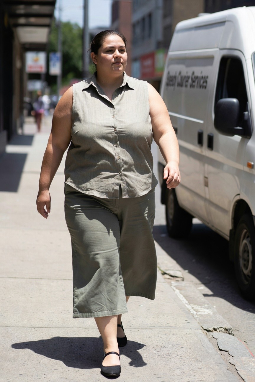 Plus-size woman in a sleeveless khaki button-front top and matching wide-leg pants, walking on sidewalk wearing black buckled flats