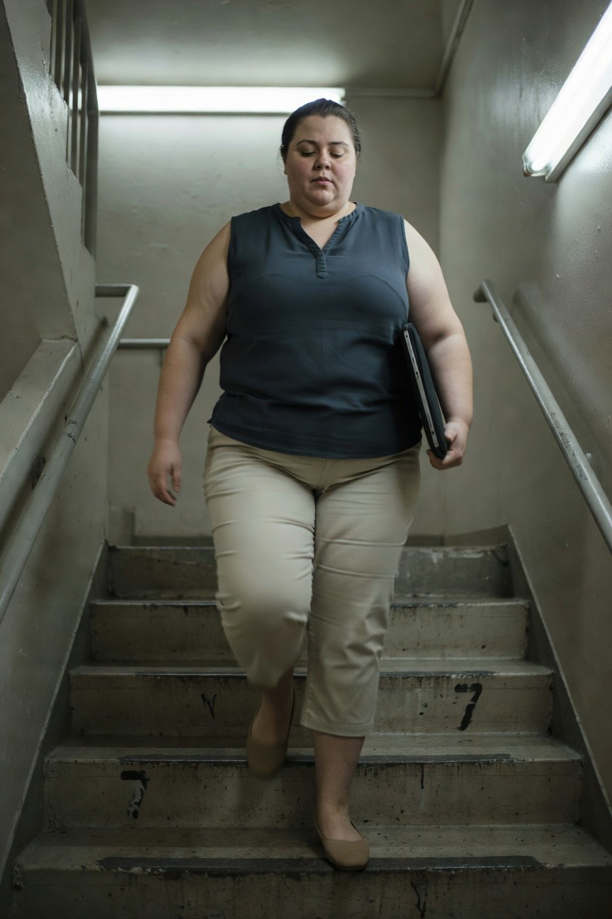 Plus-size woman walking up concrete stairs in a sleeveless navy henley tank top, beige cropped pants, nude ballet flats, and carrying a closed laptop under her arm